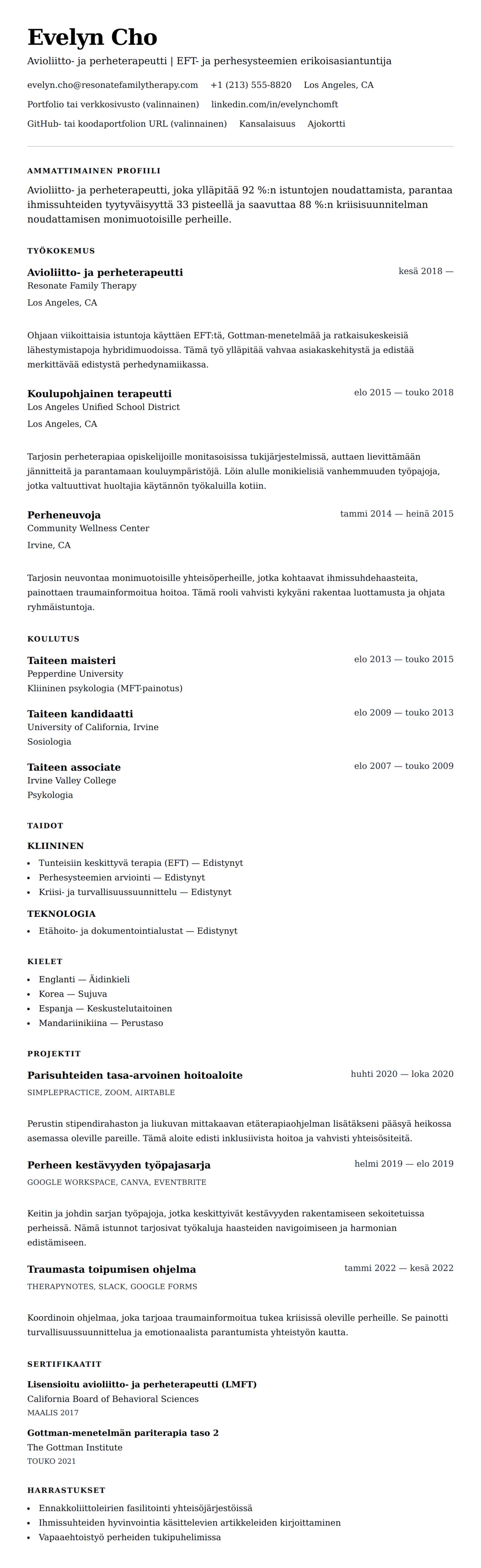 Ansioluetteloesikatselu kohteelle Avioliitto- ja perheterapeutin ansioluetteloesimerkki