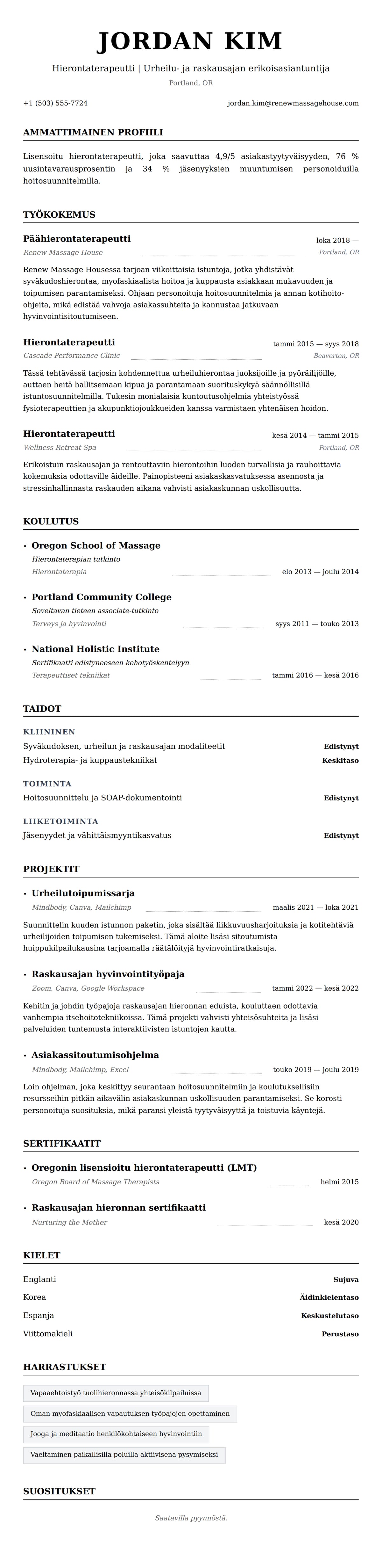 Esimerkki hierontaterapeutin ansioluettelosta