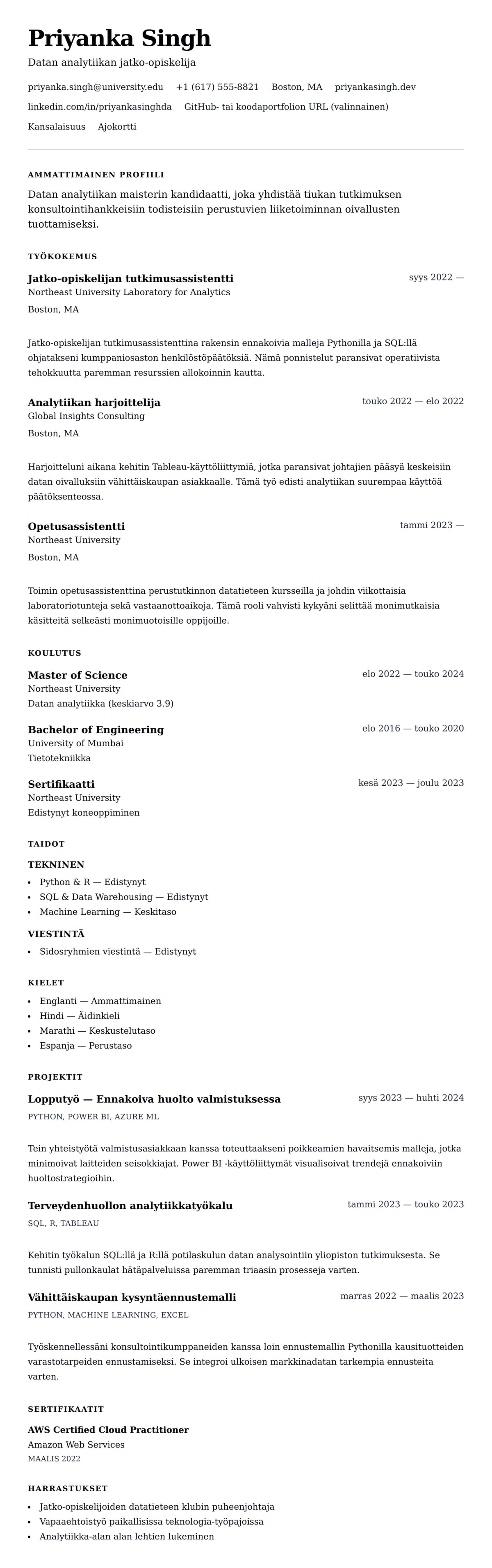 Ansioluetteloesikatselu kohteelle Maisteriopiskelijan ansioluetteloesimerkki