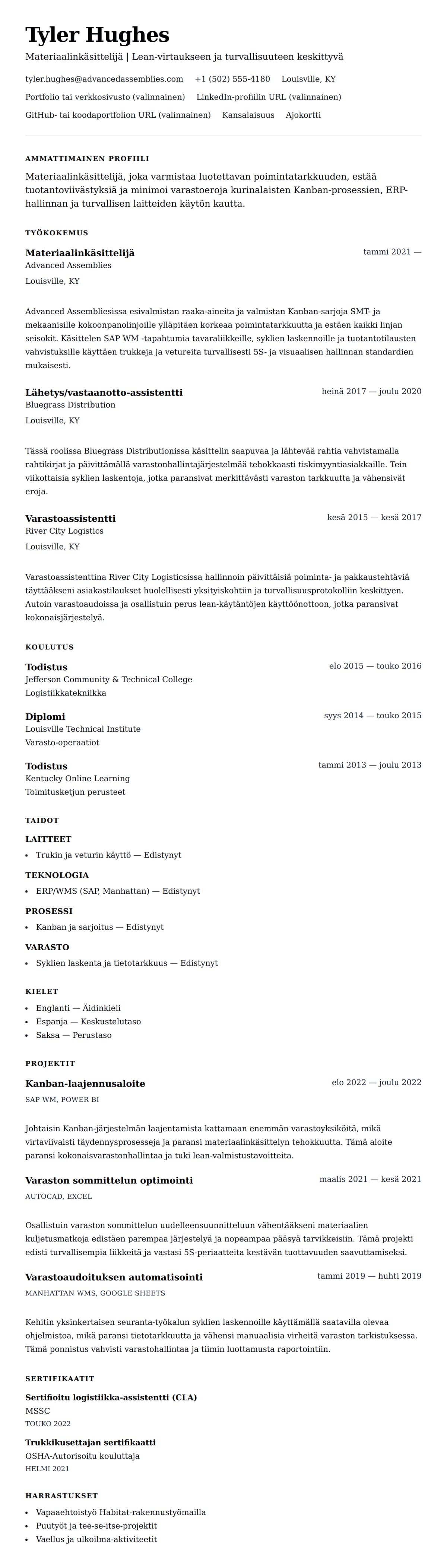 Ansioluetteloesikatselu kohteelle Materiaalinkäsittelijän CV-esimerkki