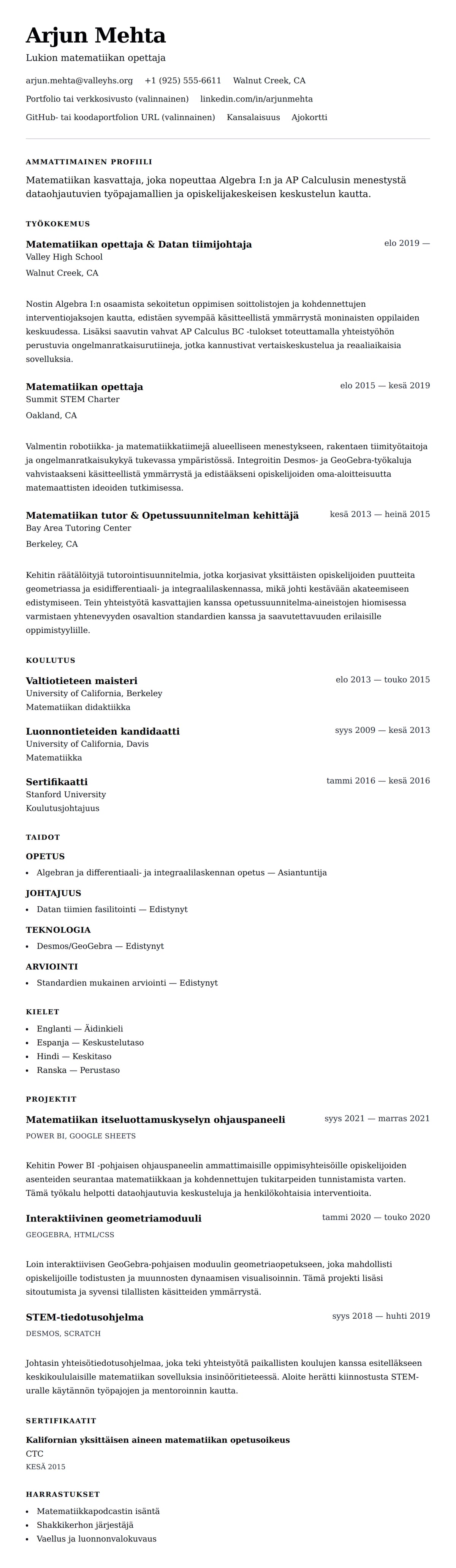 Ansioluetteloesikatselu kohteelle Matematiikan opettajan ansioluetteloesimerkki