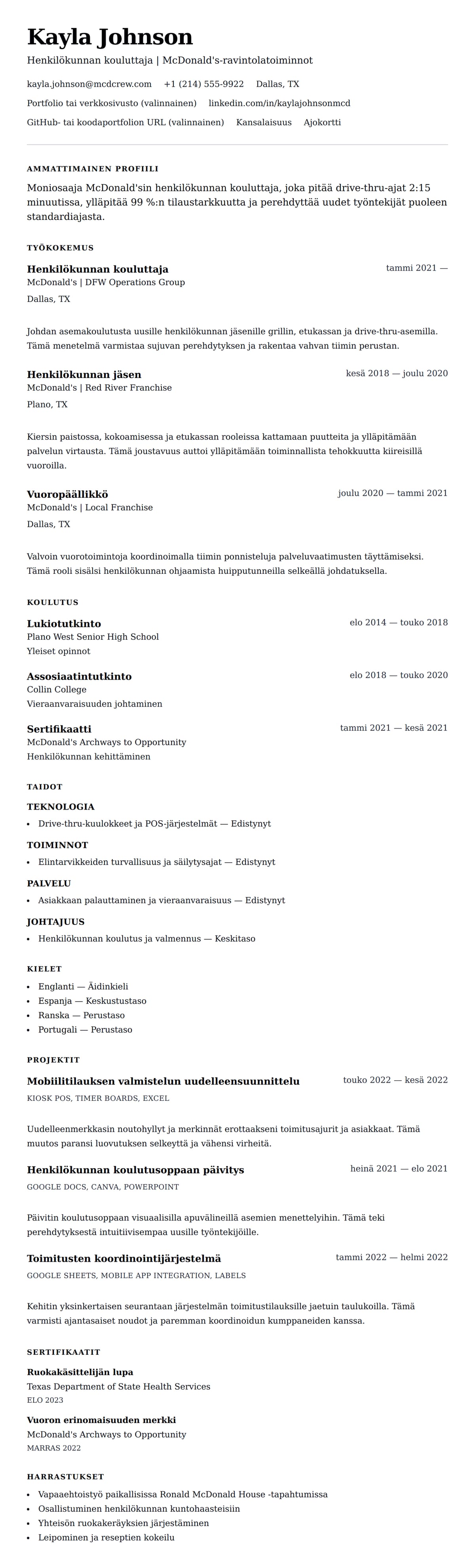 Ansioluetteloesikatselu kohteelle McDonald'sin henkilökunnan jäsenen ansioluetteloesimerkki