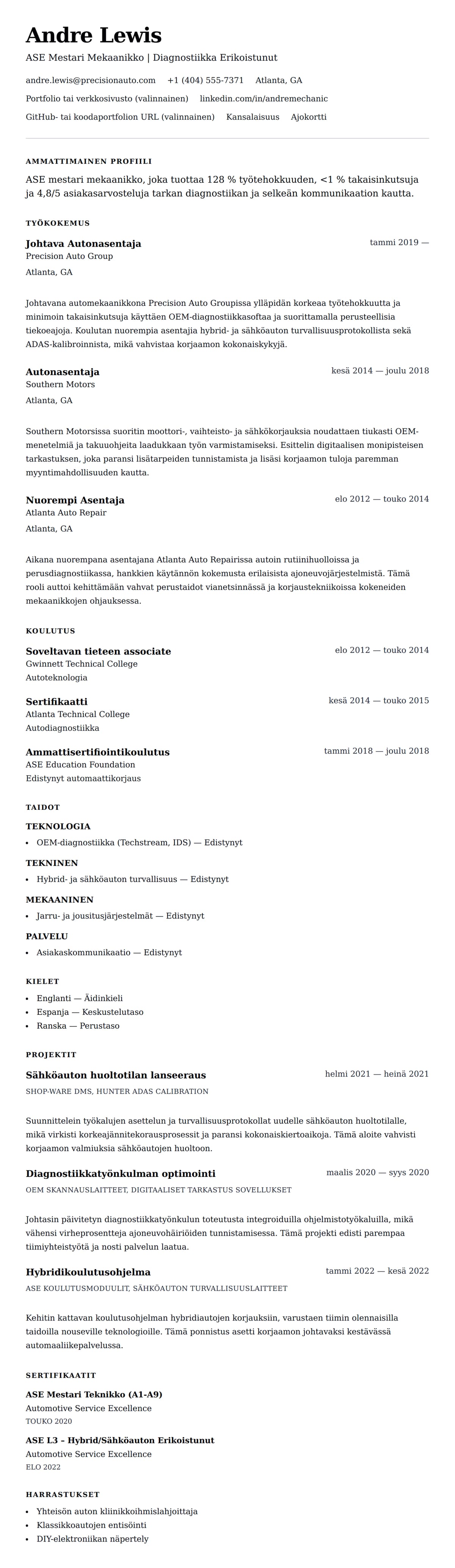 Ansioluetteloesikatselu kohteelle Mekaanikon ansioluettelo esimerkki