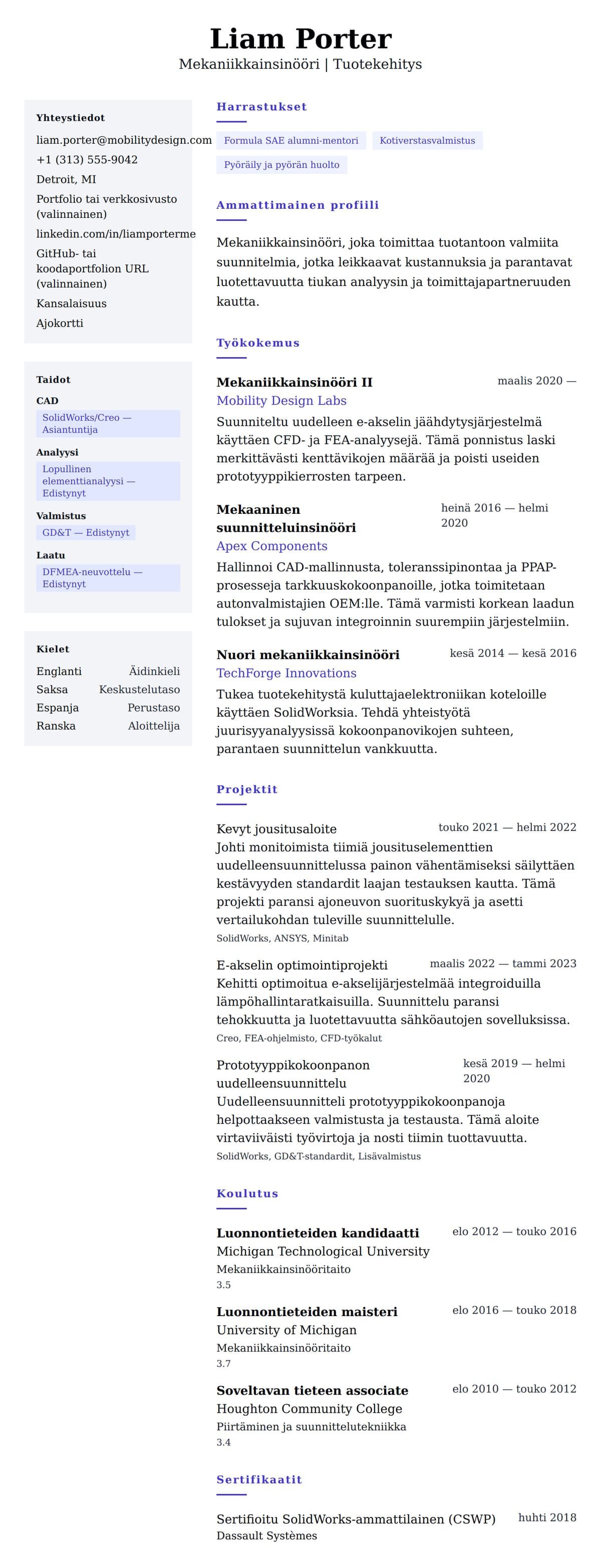 Ansioluetteloesikatselu kohteelle Mekaniikkainsinöörin ansioluetteloesimerkki