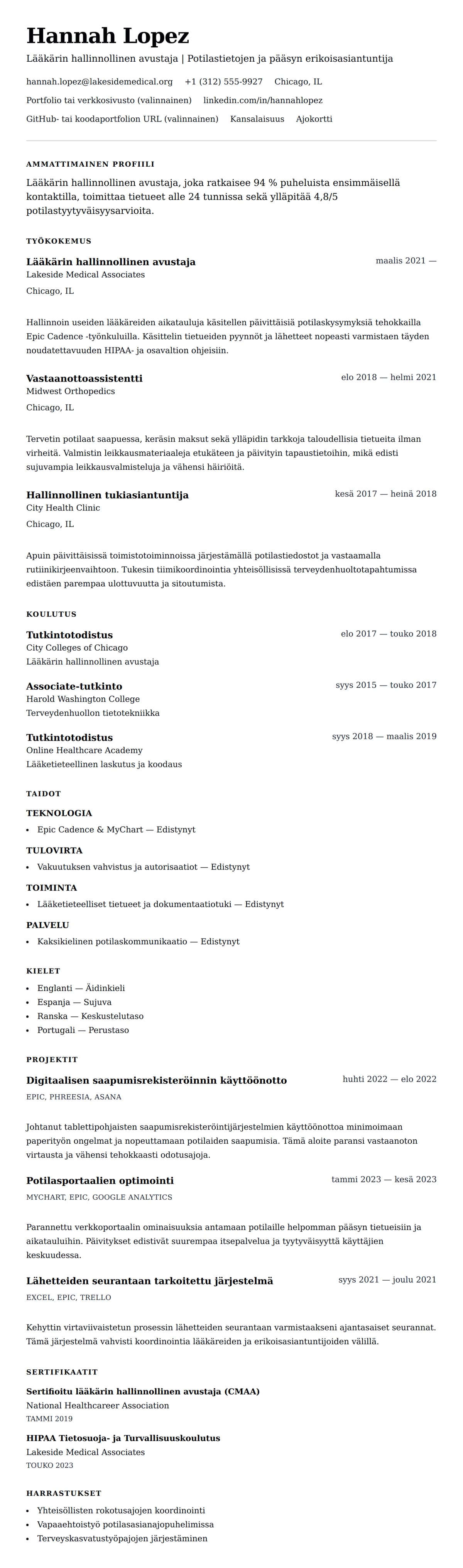 Ansioluetteloesikatselu kohteelle Lääkärin hallinnollinen avustaja CV-esimerkki