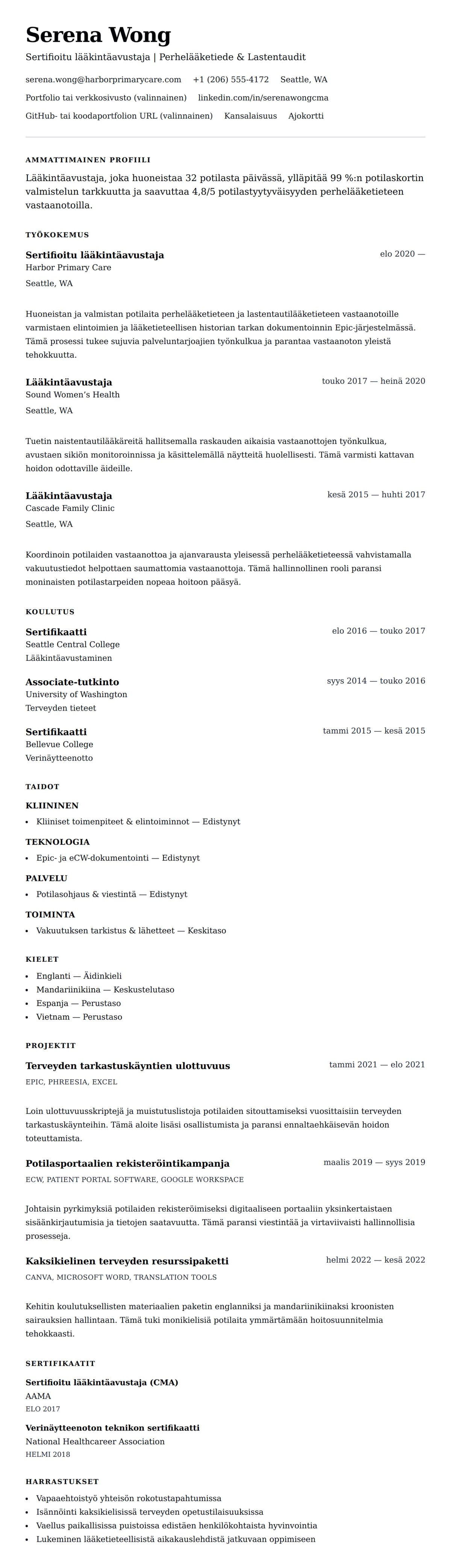 Ansioluetteloesikatselu kohteelle Lääkintäavustajan ansioluettelon esimerkki
