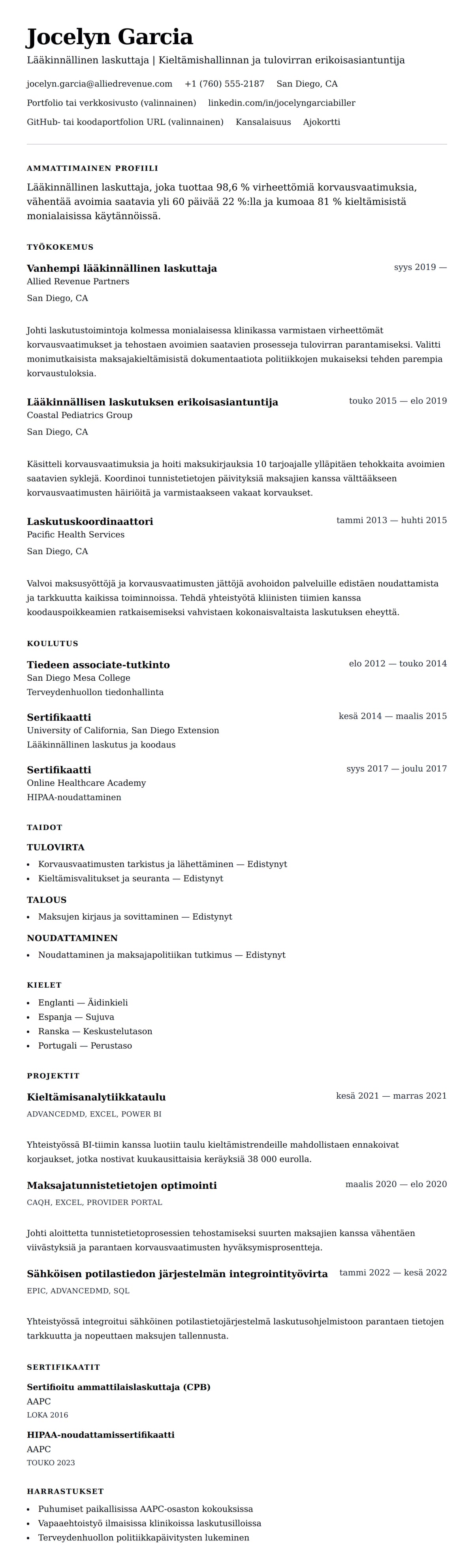 Ansioluetteloesikatselu kohteelle Lääkinnällinen laskuttaja CV-esimerkki