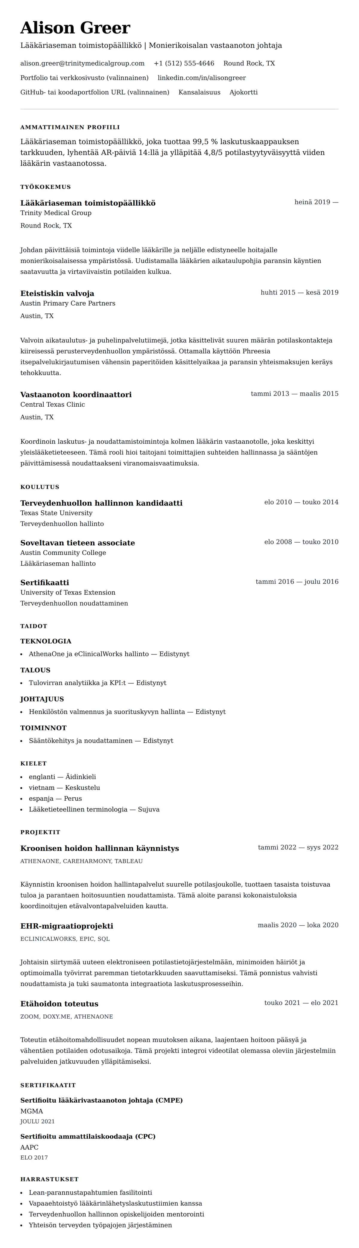 Ansioluetteloesikatselu kohteelle Lääkäriaseman toimistopäällikön ansioluetteloesimerkki