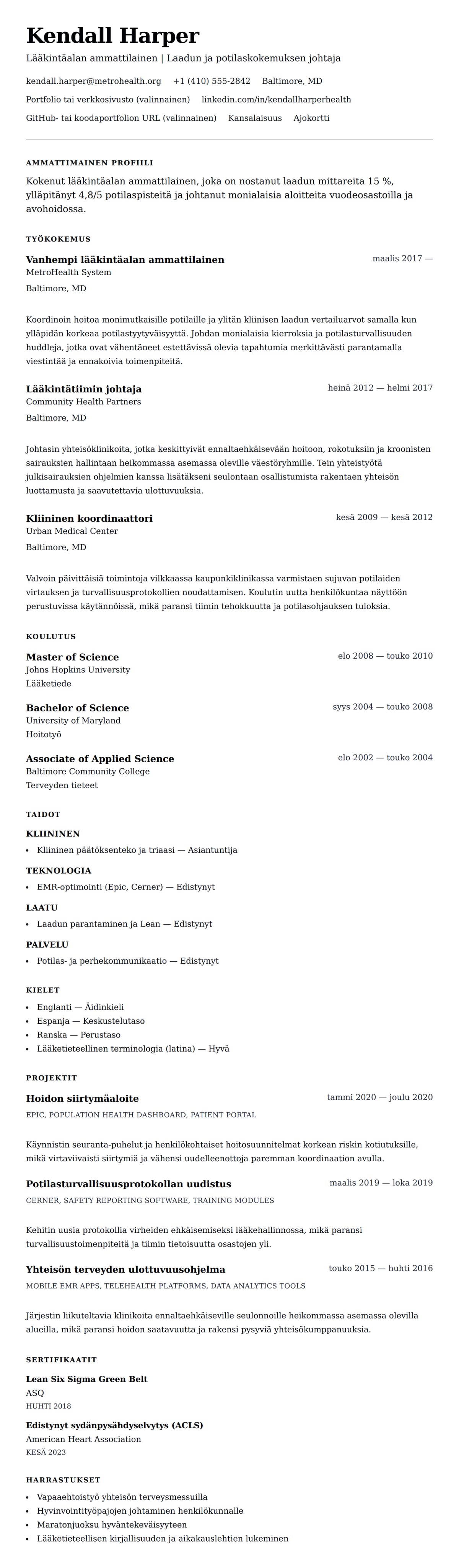 Ansioluetteloesikatselu kohteelle Lääkintäalan ammattilaisen ansioluetteloesimerkki