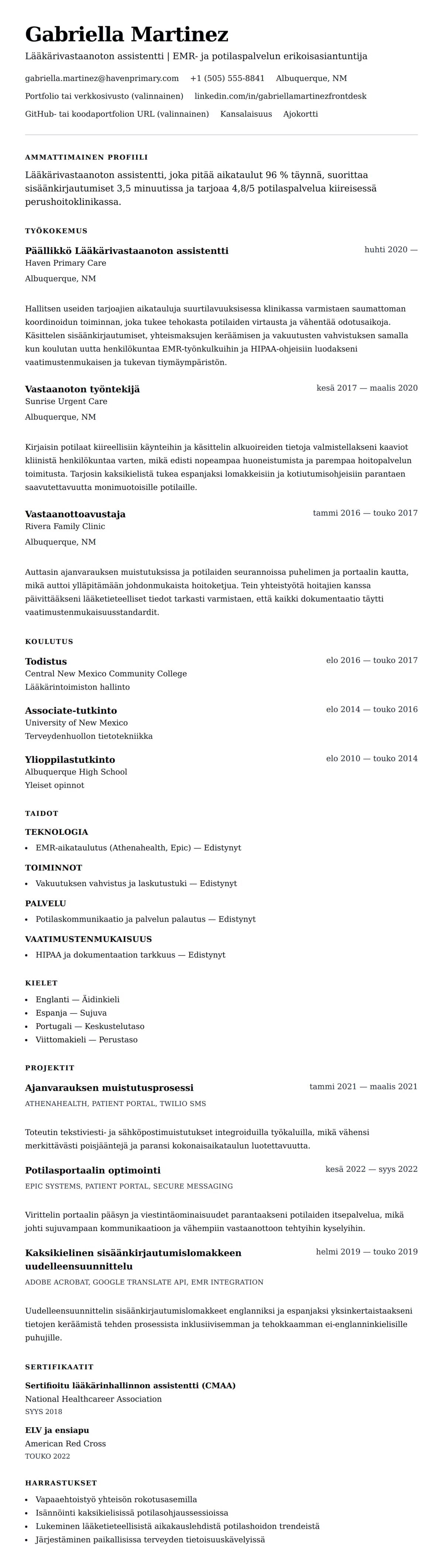 Ansioluetteloesikatselu kohteelle Lääkärivastaanoton assistentin ansioluetteloesimerkki