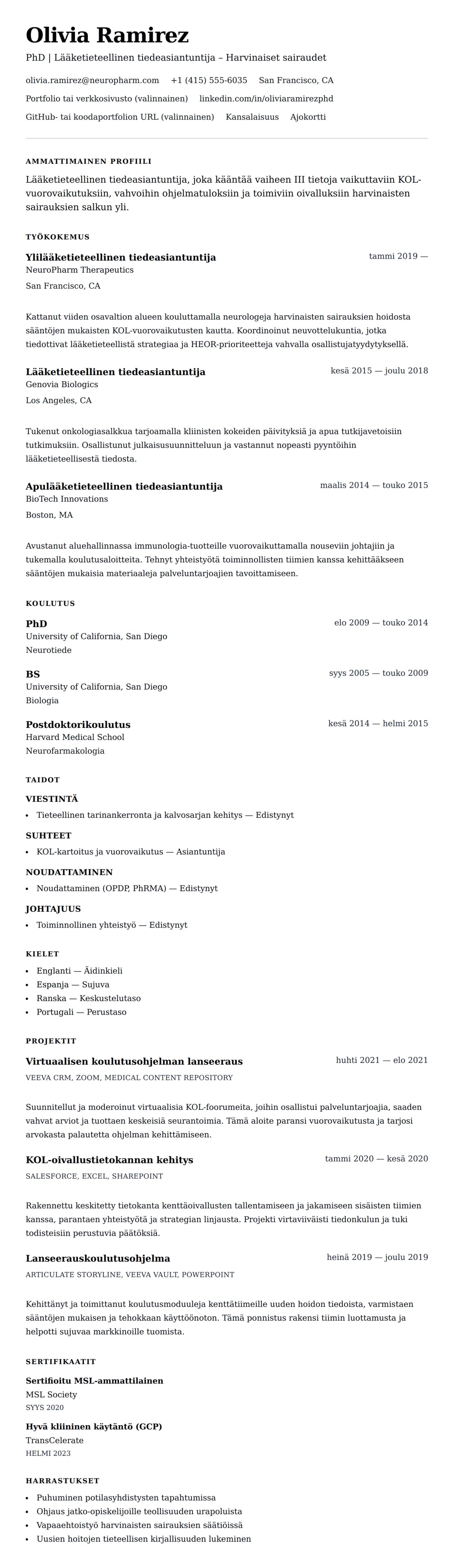 Ansioluetteloesikatselu kohteelle Lääketieteellisen tiedeasiantuntijan ansioluetteloesimerkki