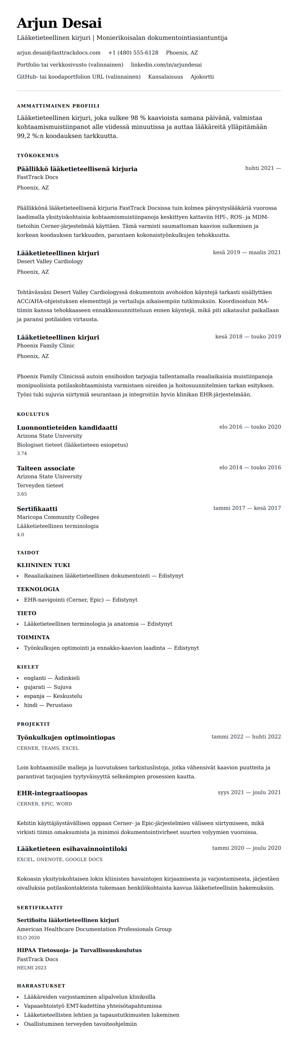 Ansioluetteloesikatselu kohteelle Lääketieteellisen kirjurin ansioluetteloesimerkki