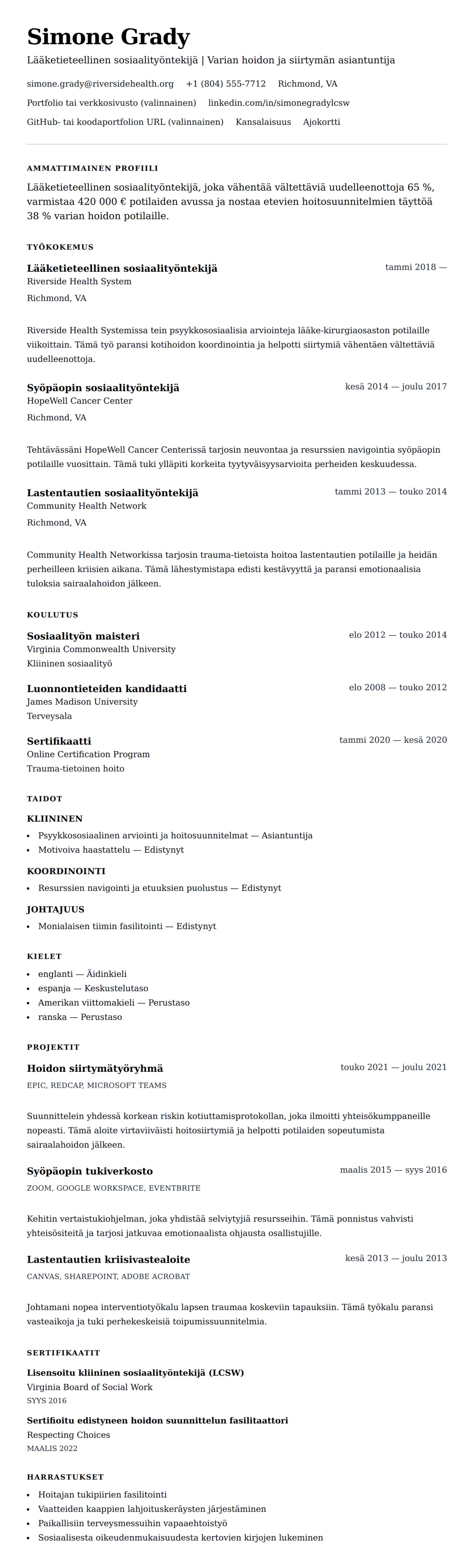 Ansioluetteloesikatselu kohteelle Lääketieteellisen sosiaalityöntekijän ansioluettelo-esimerkki