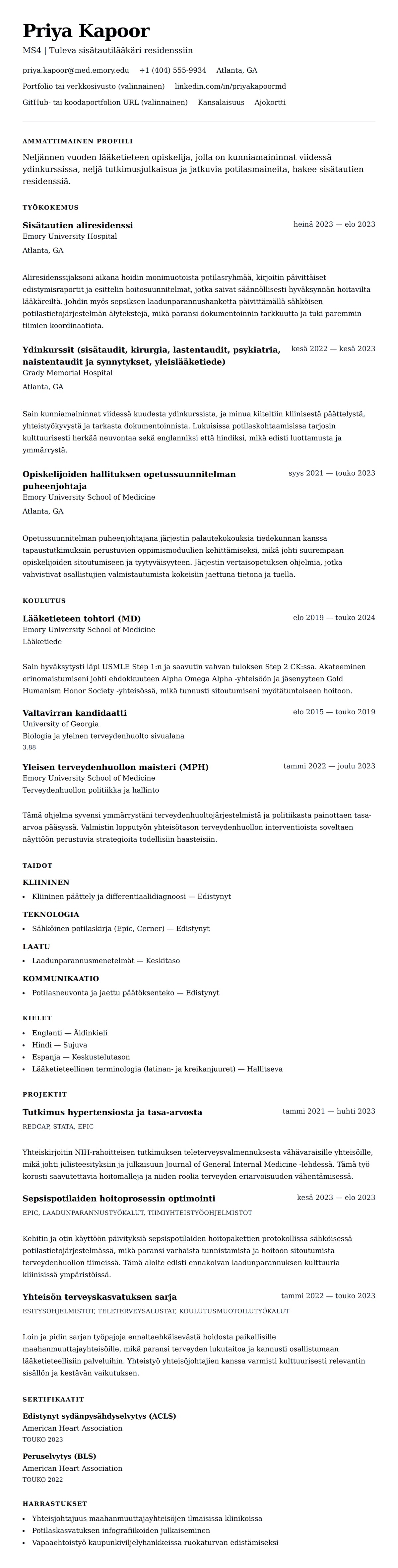 Ansioluetteloesikatselu kohteelle Lääketieteen opiskelijan ansioluettelo-esimerkki