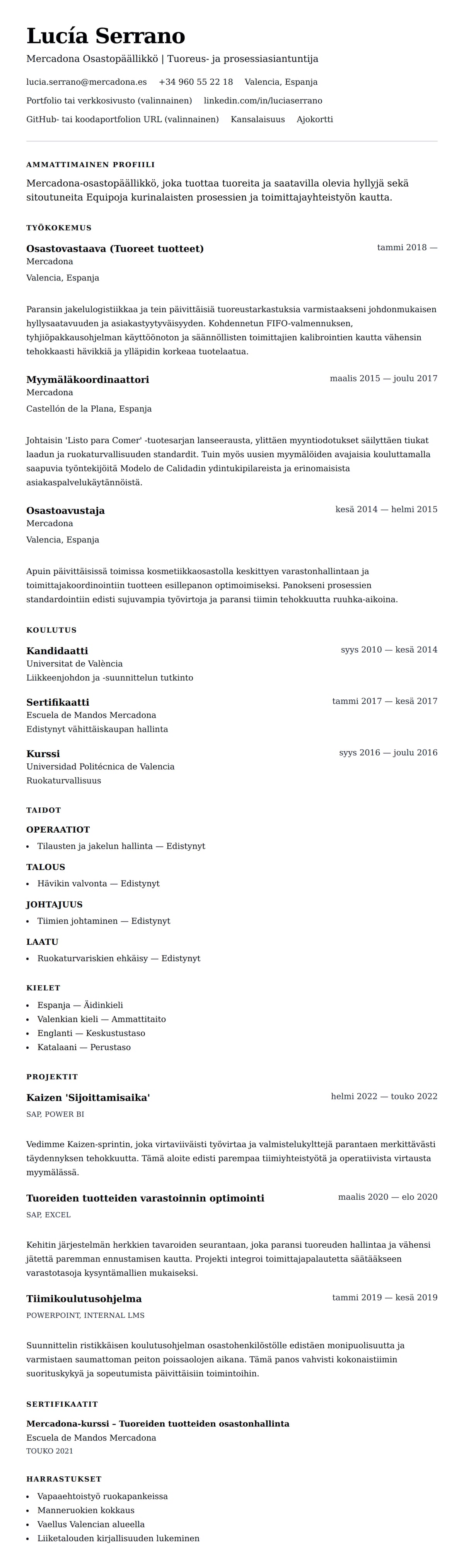 Ansioluetteloesikatselu kohteelle Mercadona Osastopäällikön CV-esimerkki