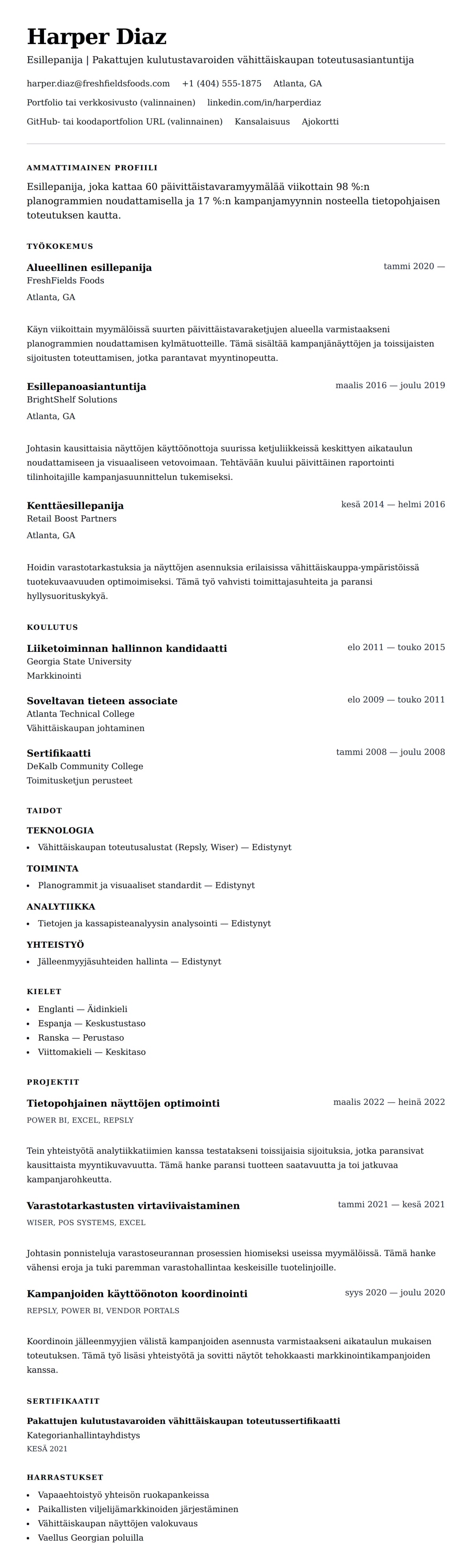 Ansioluetteloesikatselu kohteelle Esillepanijan ansioluetteloesimerkki