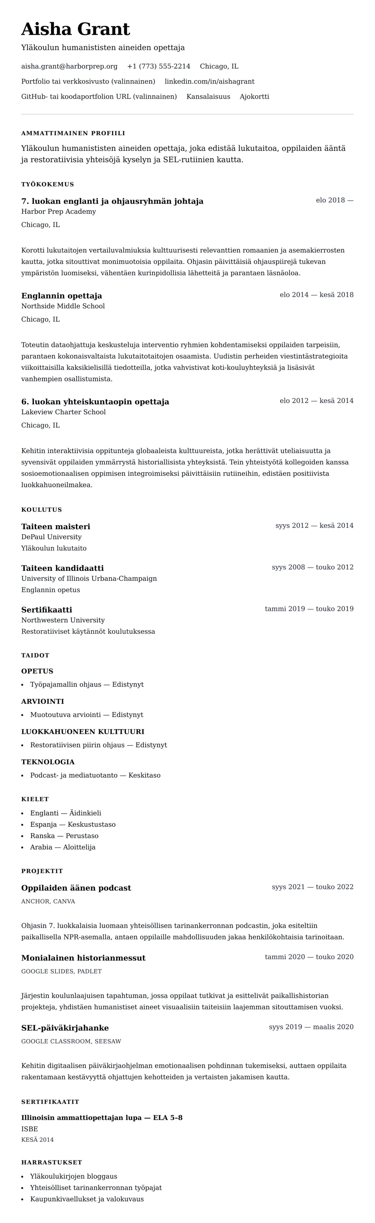 Ansioluetteloesikatselu kohteelle Yläkoulun opettajan ansioluettelon esimerkki