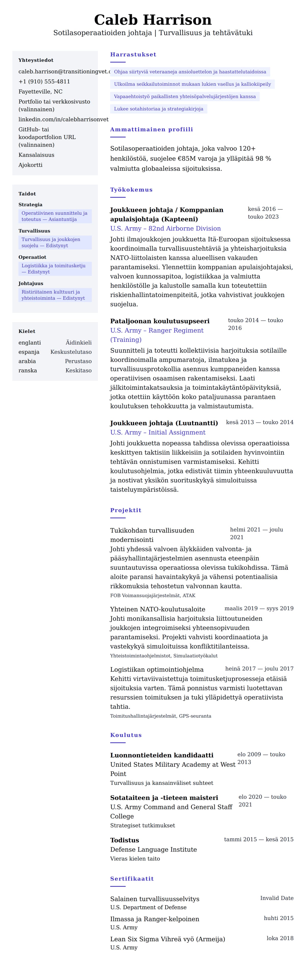 Ansioluetteloesikatselu kohteelle Sotilaspalvelusjäsenen ansioluetteloesimerkki