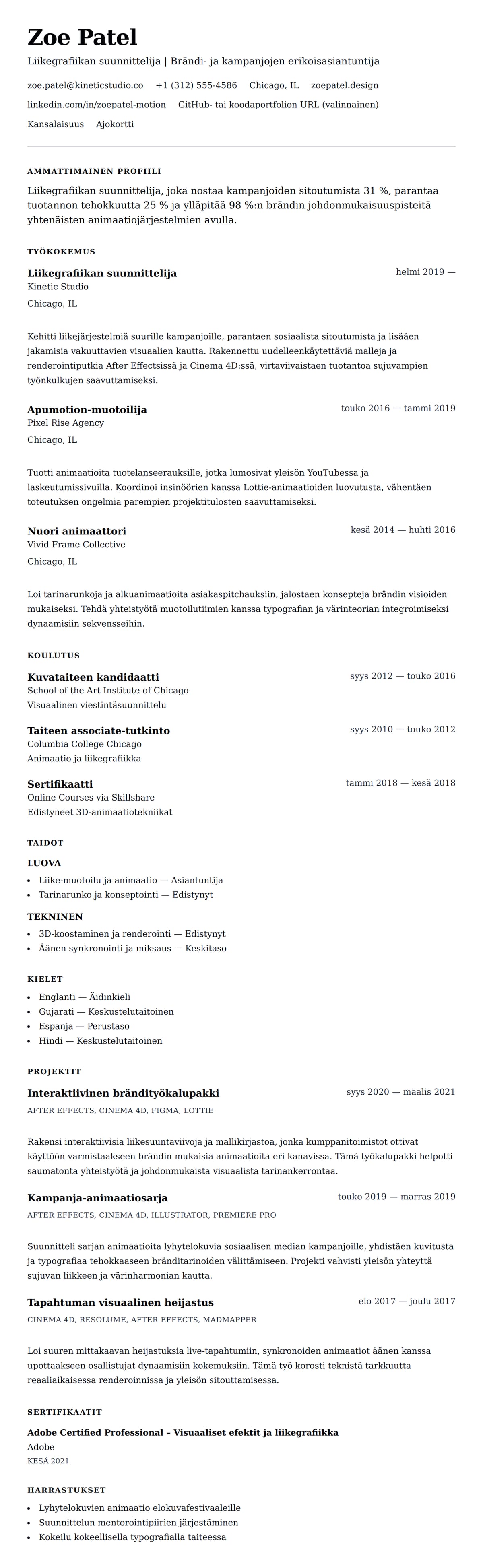 Ansioluetteloesikatselu kohteelle Liikegrafiikan suunnittelijan ansioluetteloesimerkki