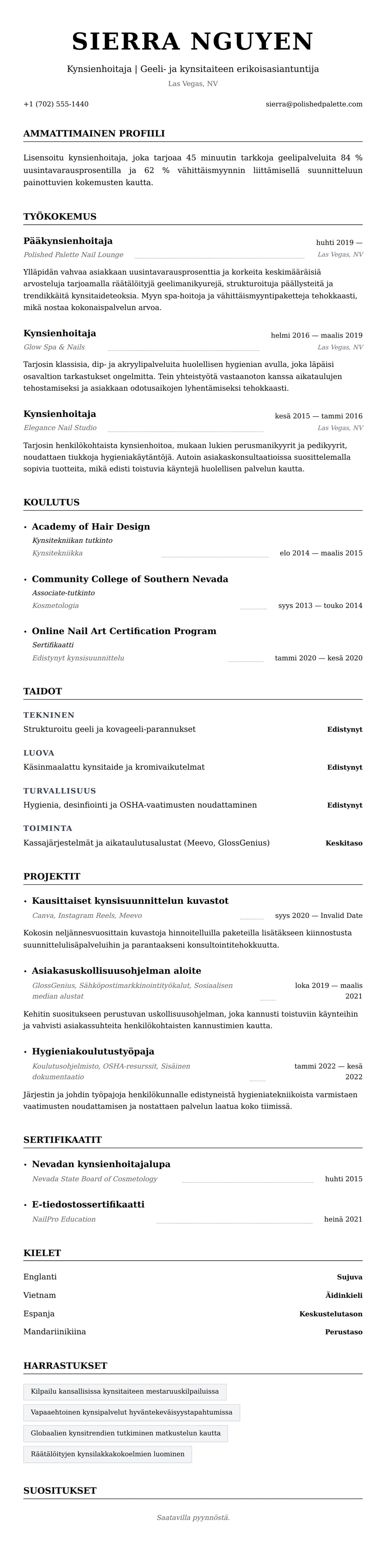 Ansioluetteloesikatselu kohteelle Kynsienhoitajan ansioluetteloesimerkki