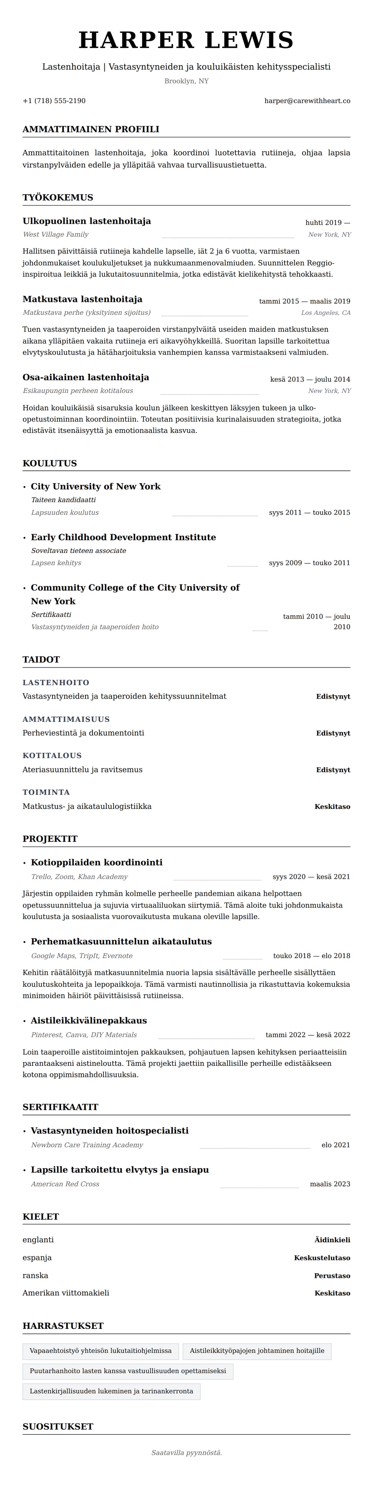 Ansioluetteloesikatselu kohteelle Lastenhoitajan ansioluettelo esimerkki