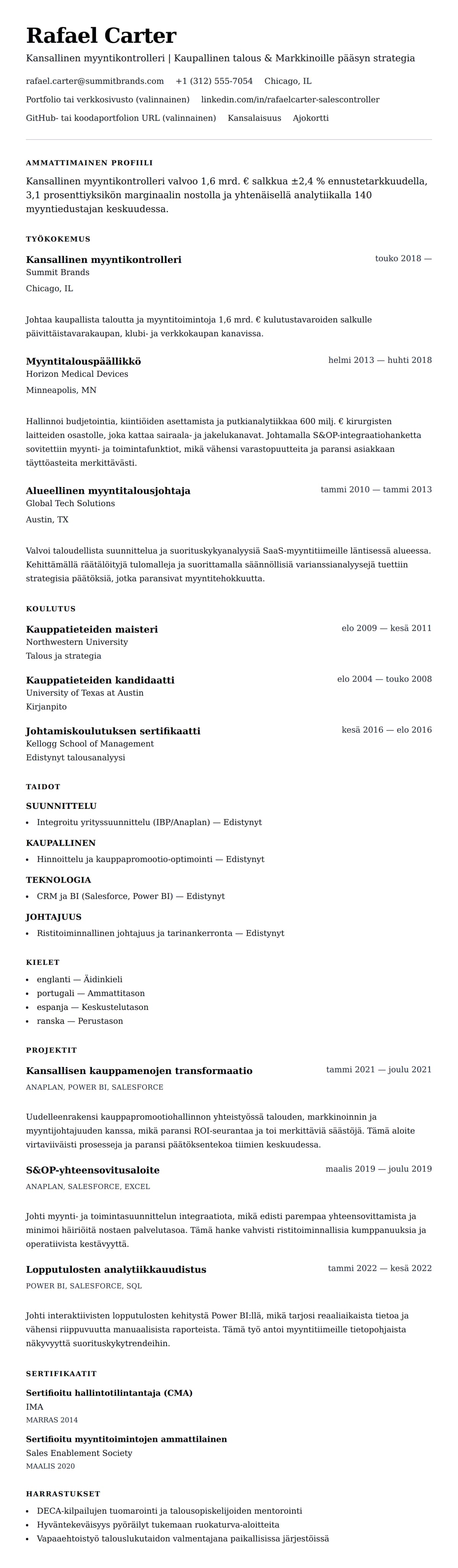 Ansioluetteloesikatselu kohteelle Esimerkki kansallisen myyntikontrollerin ansioluettelosta