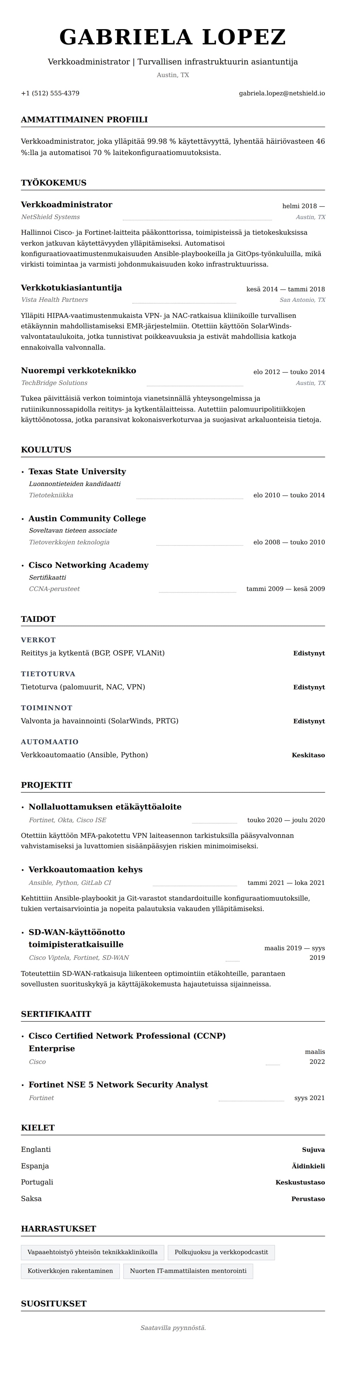 Ansioluetteloesikatselu kohteelle Verkkoadministrattorin ansioluetteloesimerkki