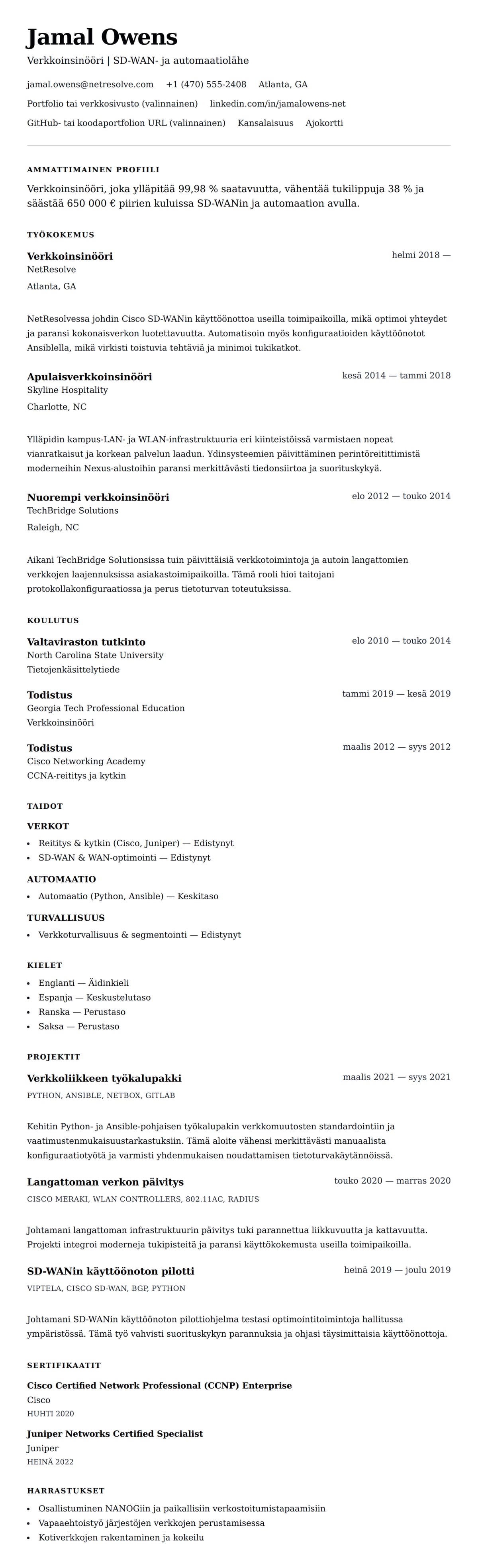 Ansioluetteloesikatselu kohteelle Esimerkki verkkoinsinöörin ansioluettelosta