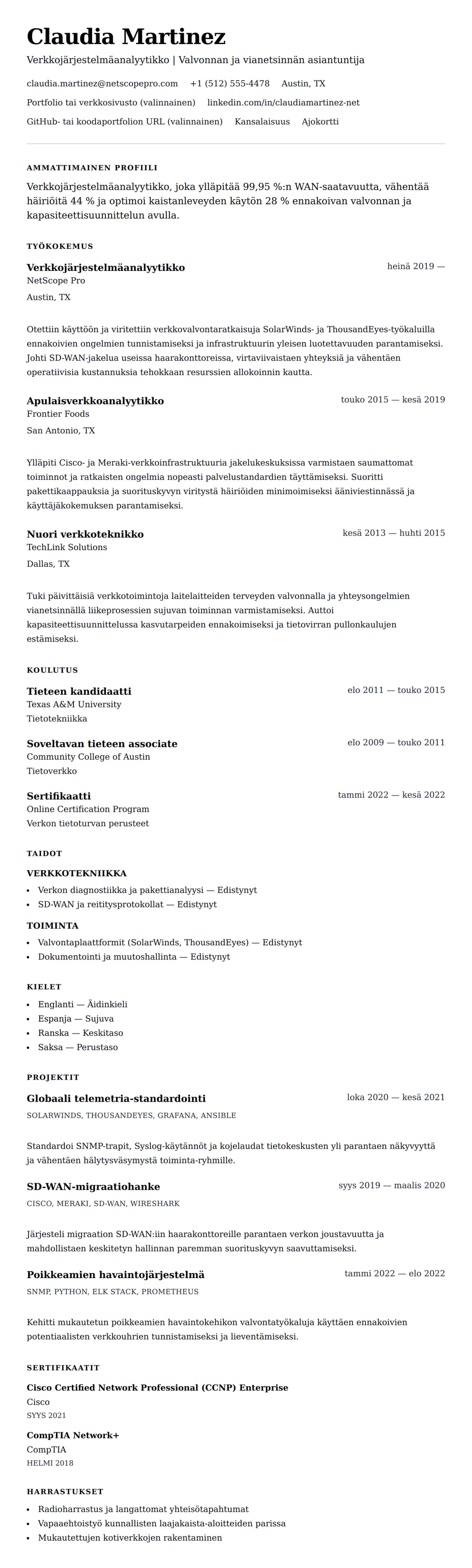 Ansioluetteloesikatselu kohteelle Verkkojärjestelmäanalyytikön CV-esimerkki