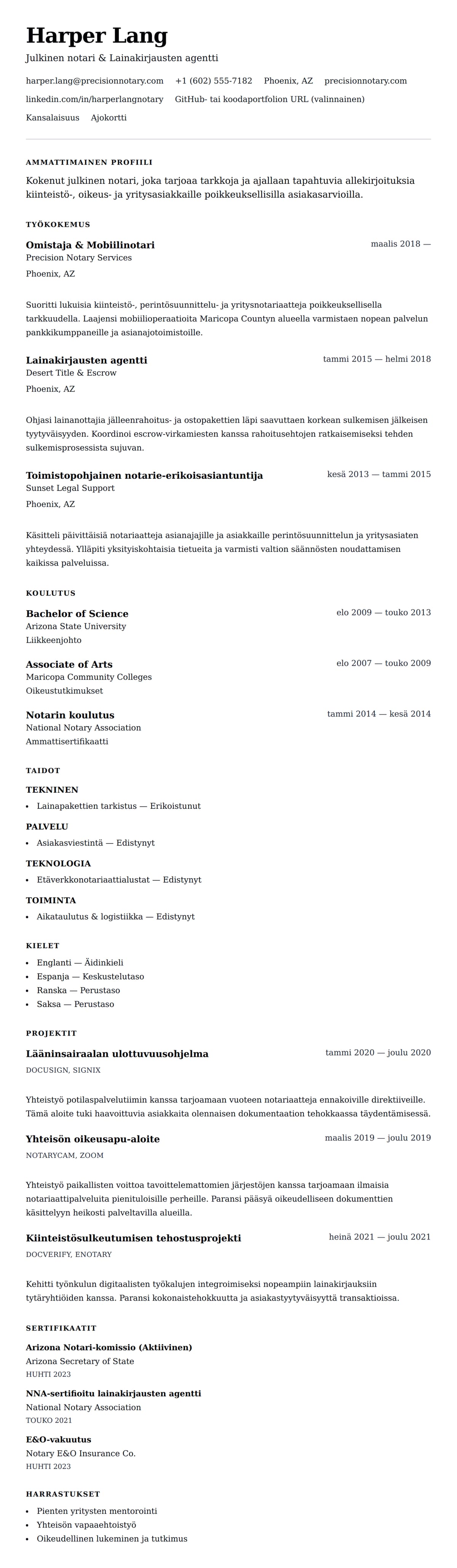 Ansioluetteloesikatselu kohteelle Notarin ansioluettelo-esimerkki