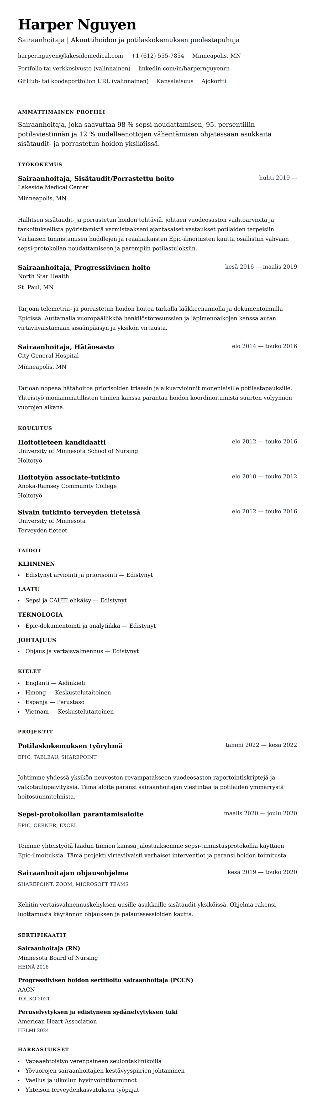 Ansioluetteloesikatselu kohteelle Sairaanhoitajan ansioluetteloesimerkki