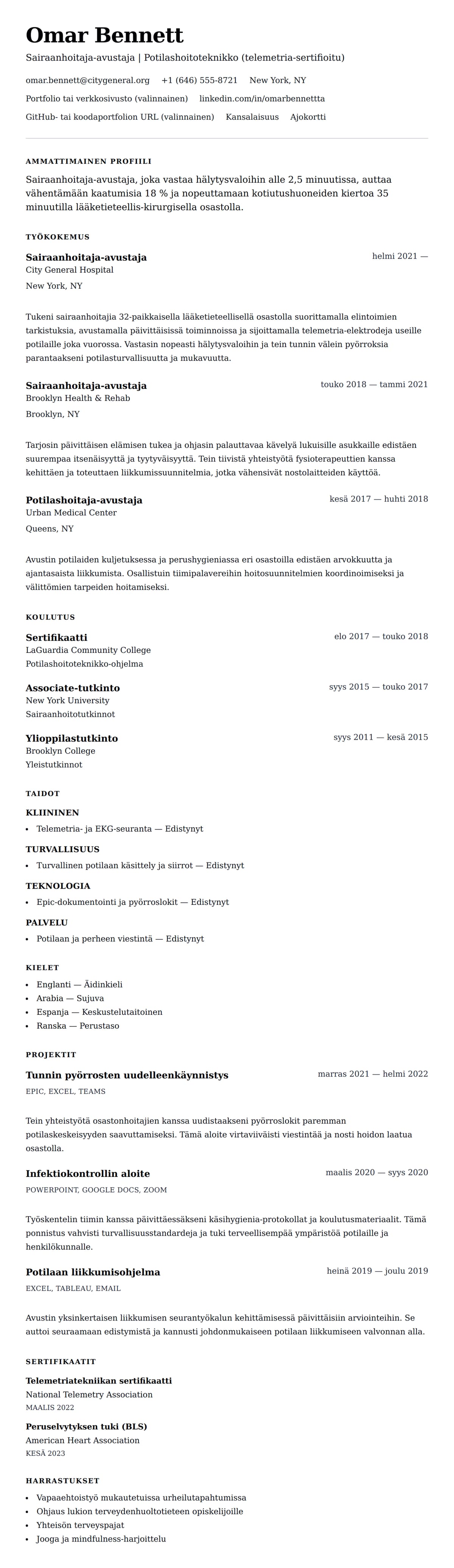 Ansioluetteloesikatselu kohteelle Sairaanhoitaja-avustajan ansioluettelo-esimerkki