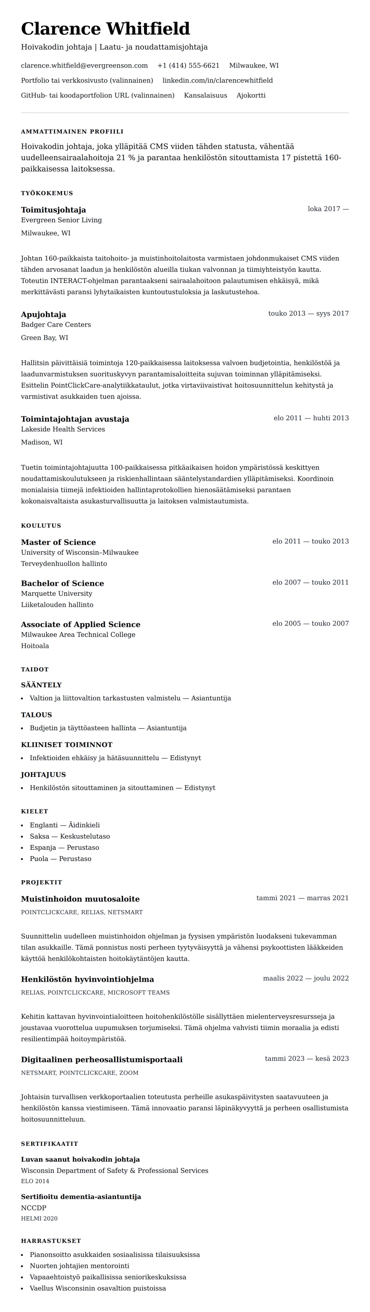 Ansioluetteloesikatselu kohteelle Hoivakodin johtajan ansioluetteloesimerkki