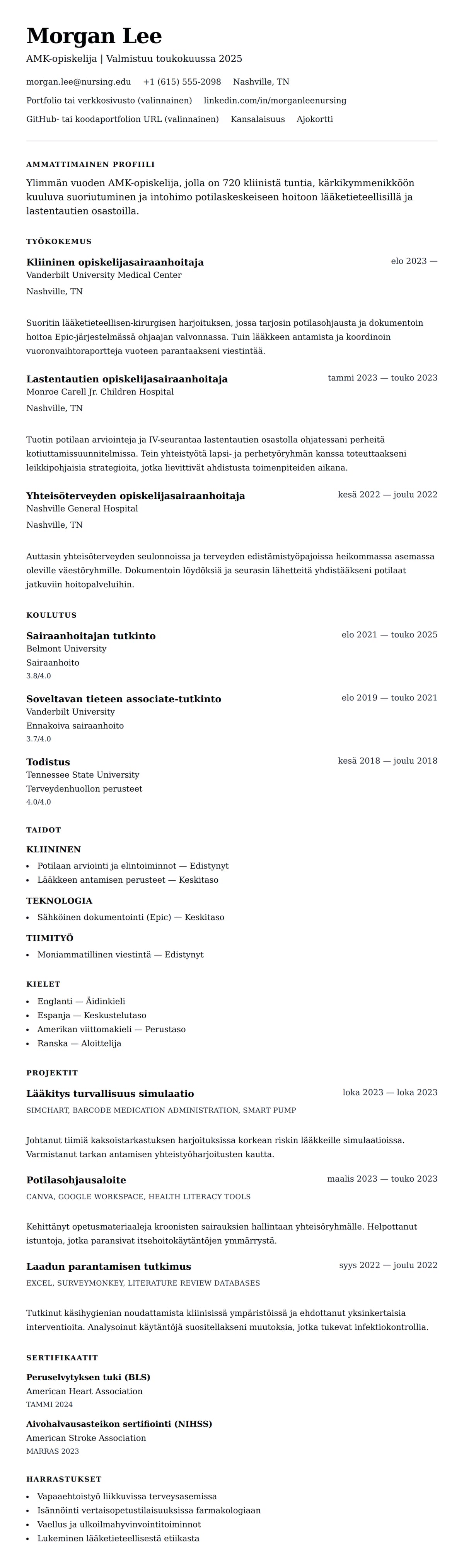 Ansioluetteloesikatselu kohteelle Sairaanhoitajaopiskelijan ansioluetteloesimerkki