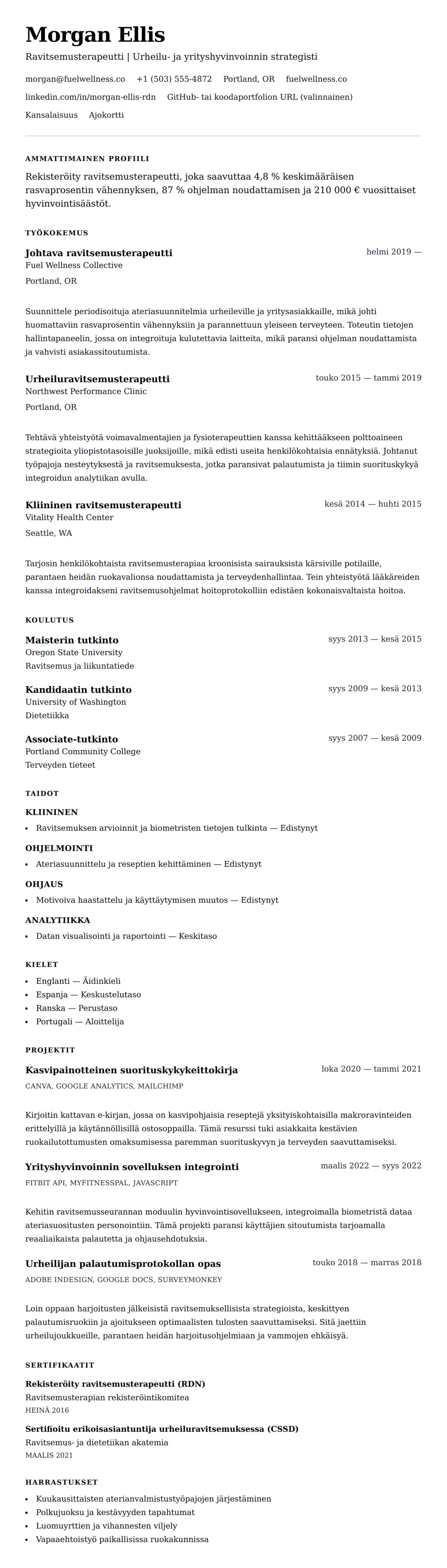 Ansioluetteloesikatselu kohteelle Ravitsemusterapeutin ansioluetteloesimerkki