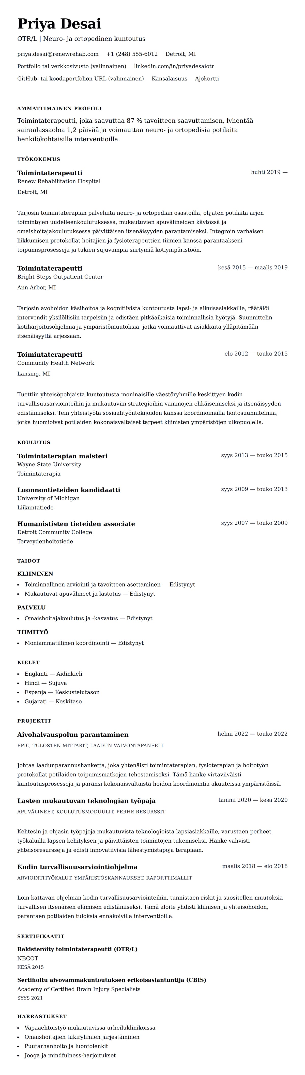 Ansioluetteloesikatselu kohteelle Toimintaterapeutin ansioluettelon esimerkki