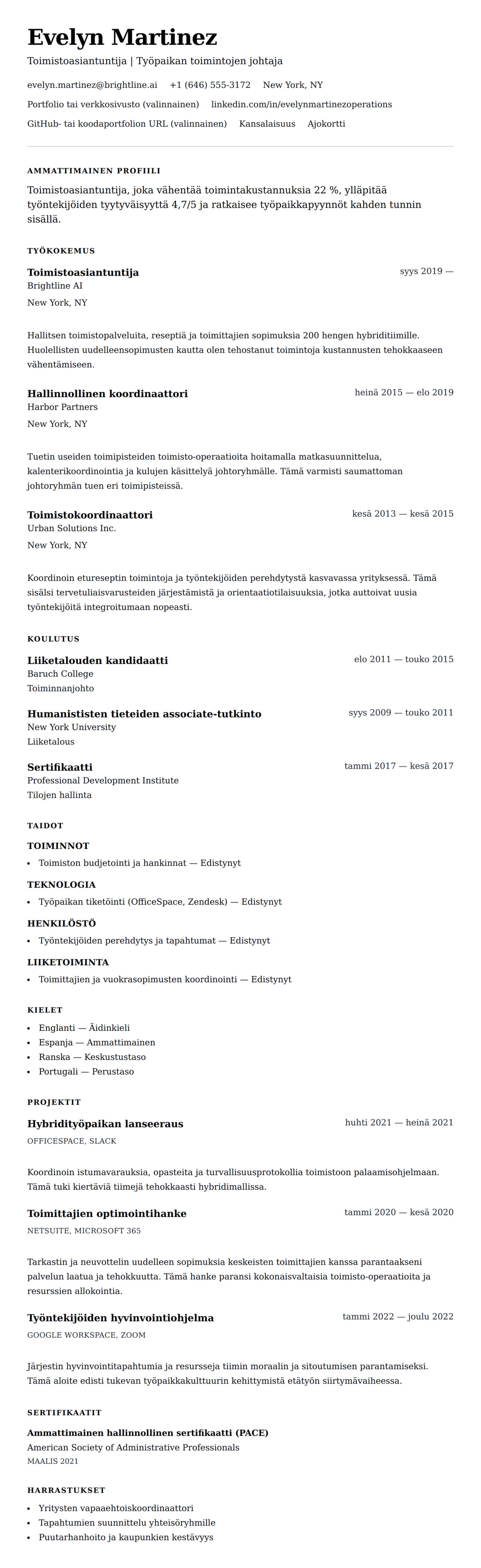Ansioluetteloesikatselu kohteelle Toimistoasiantuntijan CV-esimerkki