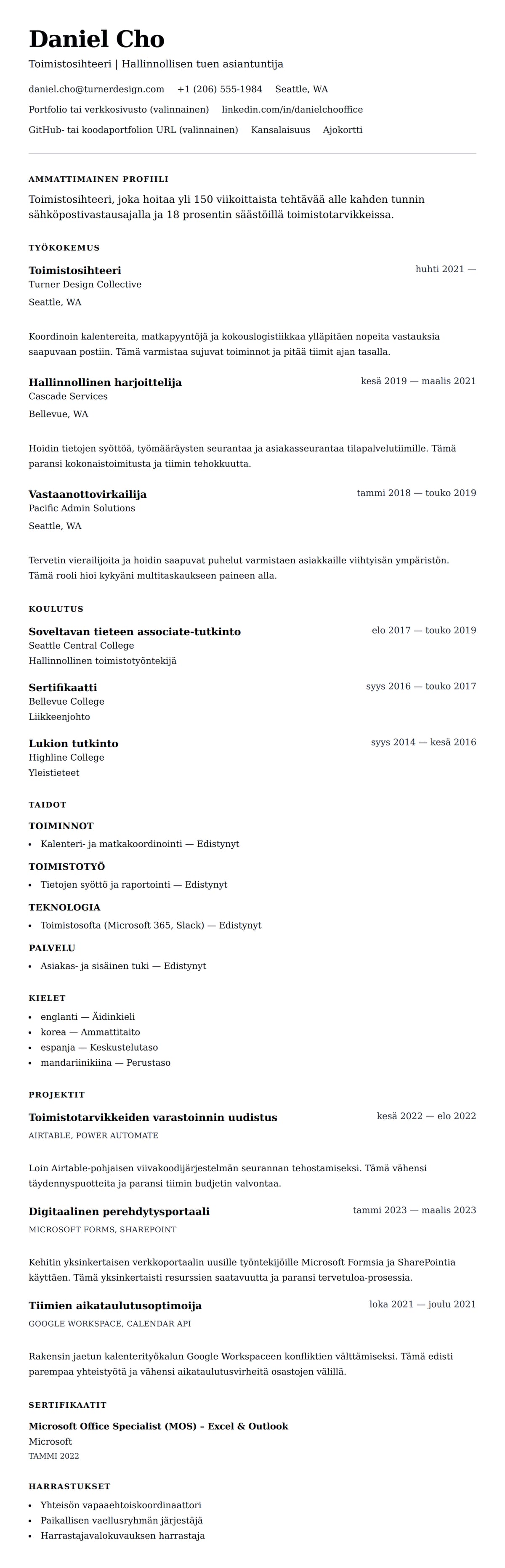 Ansioluetteloesikatselu kohteelle Toimistosihteerin CV-esimerkki