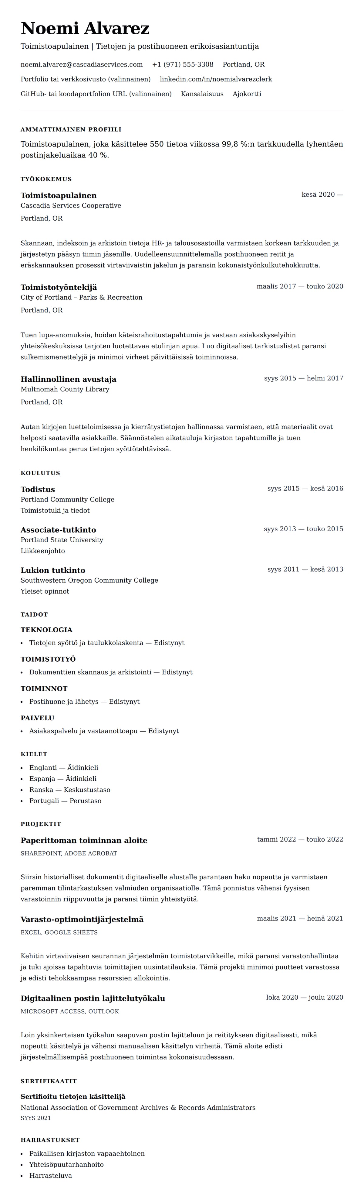 Ansioluetteloesikatselu kohteelle Toimistoapulaisen CV-esimerkki