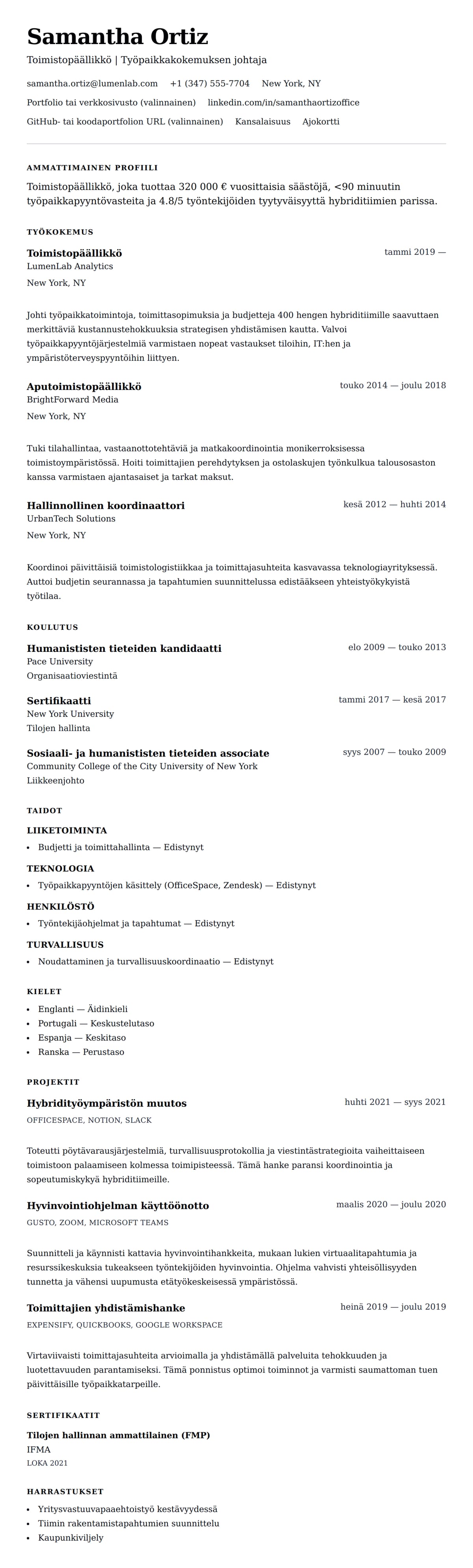 Ansioluetteloesikatselu kohteelle Toimistopäällikön CV-esimerkki