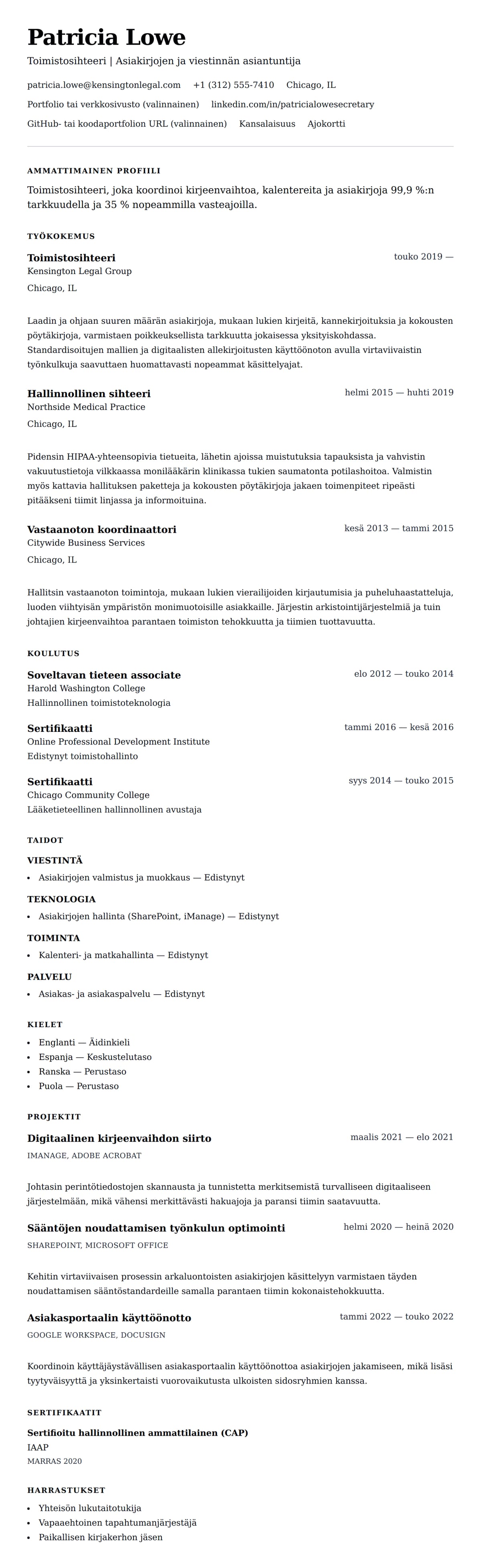 Ansioluetteloesikatselu kohteelle Toimistosihteerin ansioluetteloesimerkki