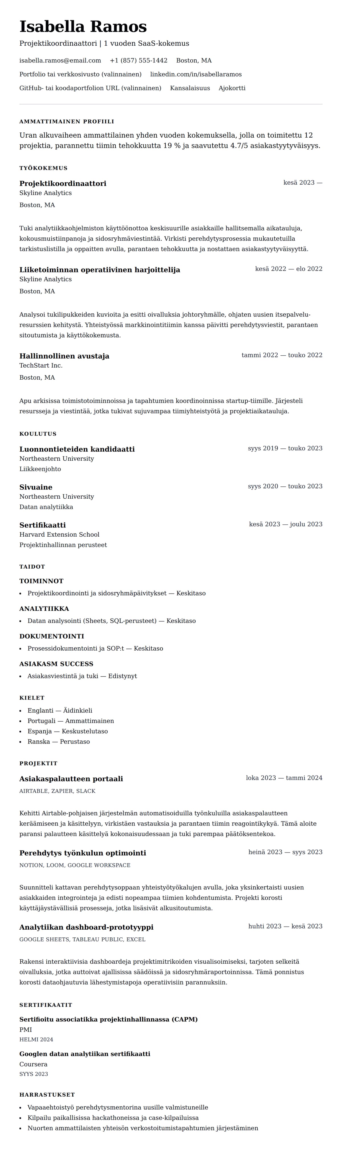 Ansioluetteloesikatselu kohteelle Yhden vuoden kokemuksen ansioluetteloesimerkki