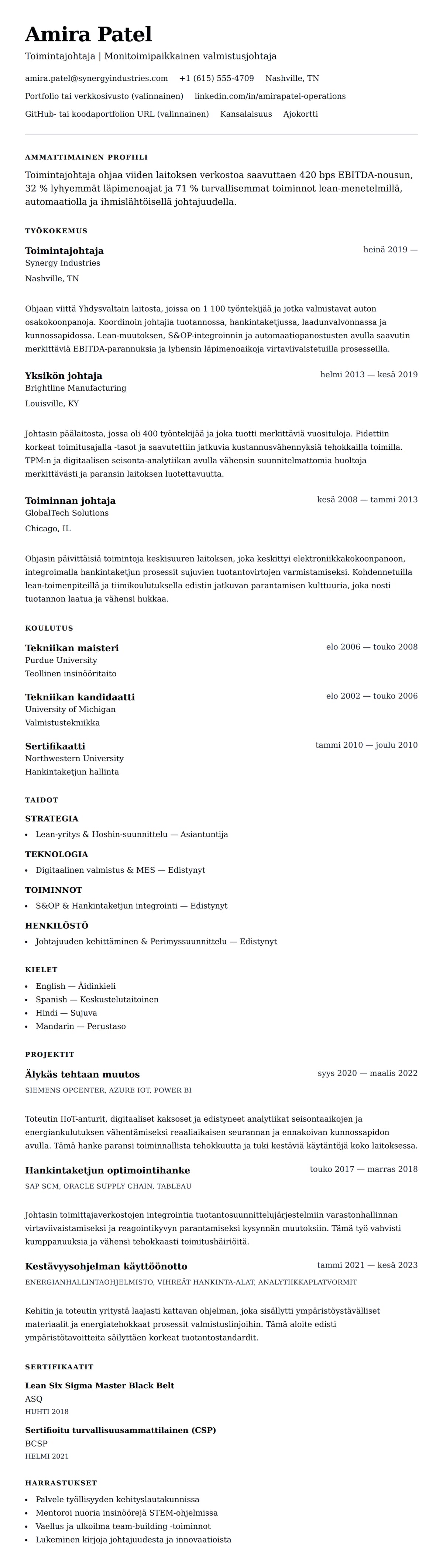 Ansioluetteloesikatselu kohteelle Toimintajohtajan ansioluetteloesimerkki