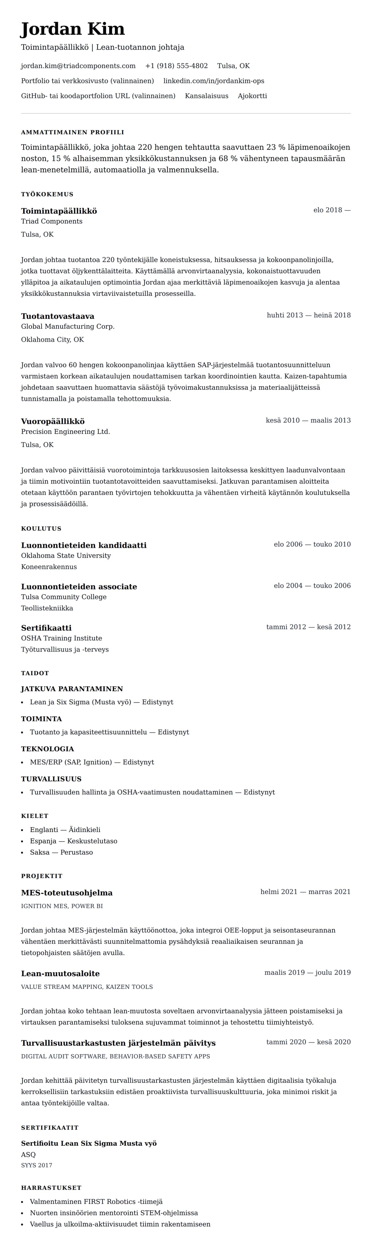 Ansioluetteloesikatselu kohteelle Toimintapäällikön ansioluetteloesimerkki