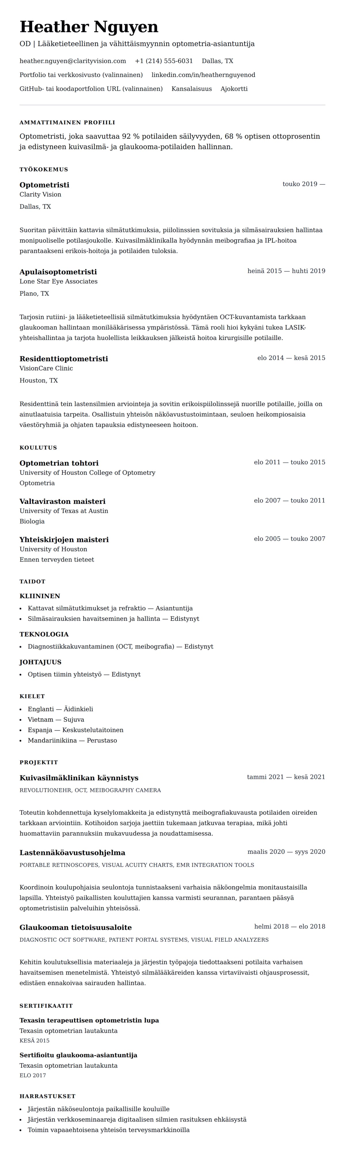 Ansioluetteloesikatselu kohteelle Optometristin ansioluetteloesimerkki