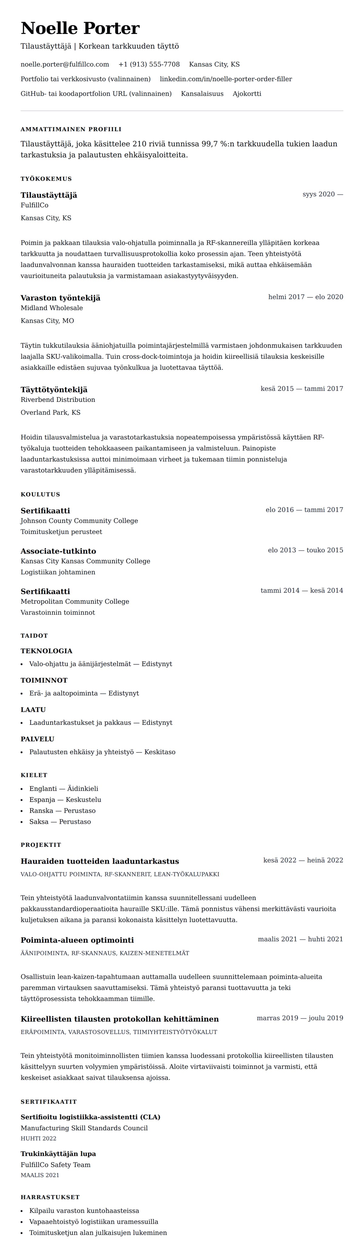 Ansioluetteloesikatselu kohteelle Tilaustäyttäjän ansioluetteloesimerkki