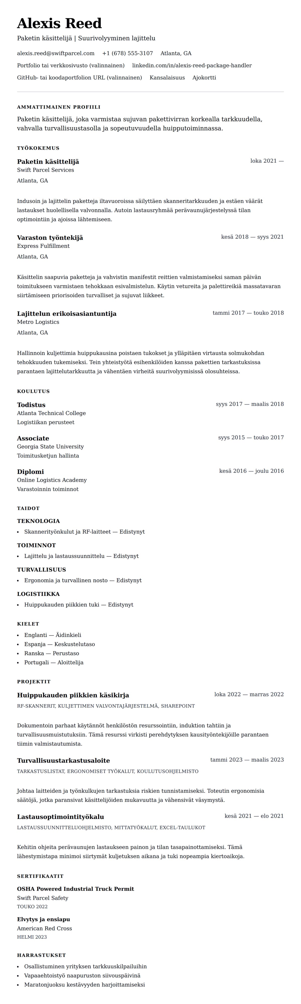 Ansioluetteloesikatselu kohteelle Paketin käsittelijän ansioluettelon esimerkki