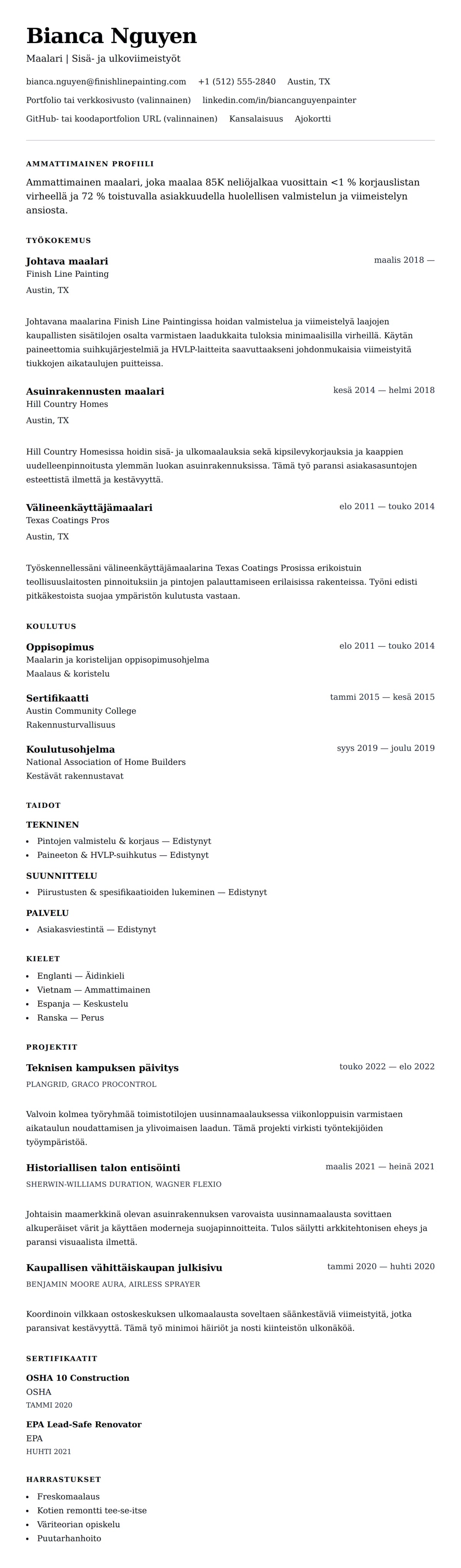 Ansioluetteloesikatselu kohteelle Maalarin ansioluettelon esimerkki