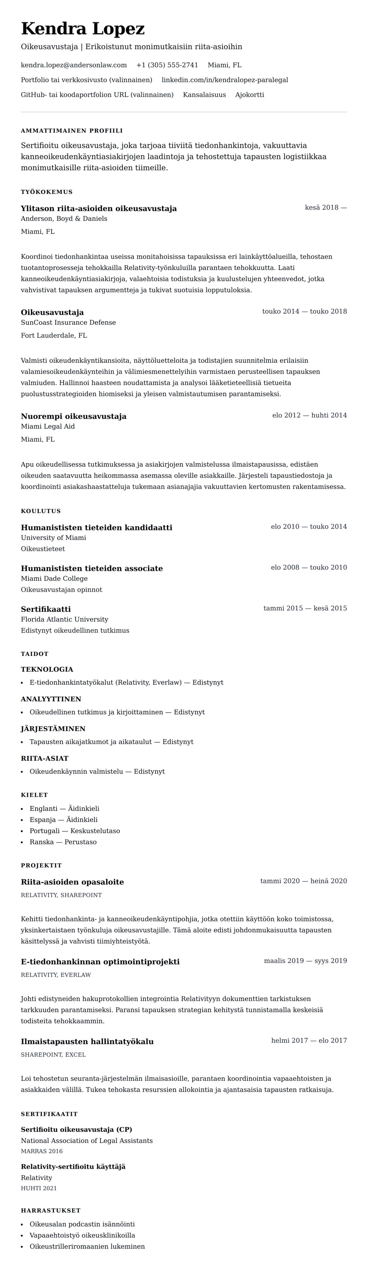 Ansioluetteloesikatselu kohteelle Oikeusavustajan ansioluettelo-esimerkki