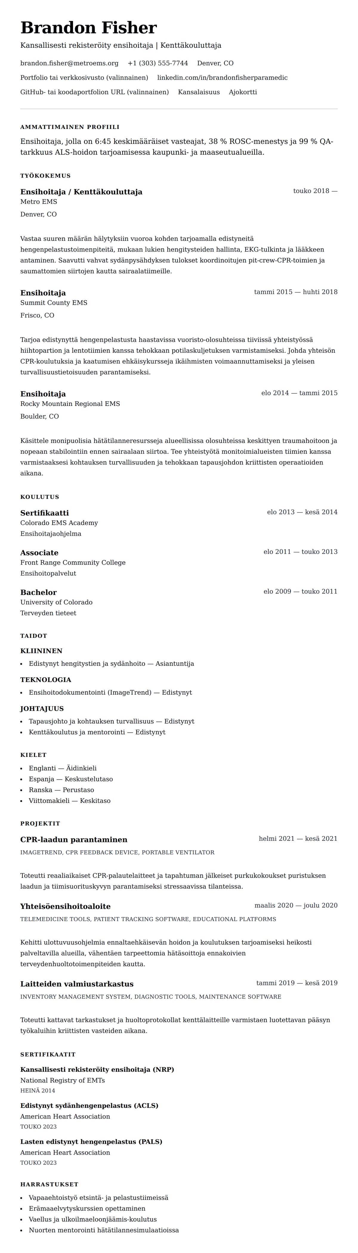 Ansioluetteloesikatselu kohteelle Ensihoitajan ansioluettelo-esimerkki